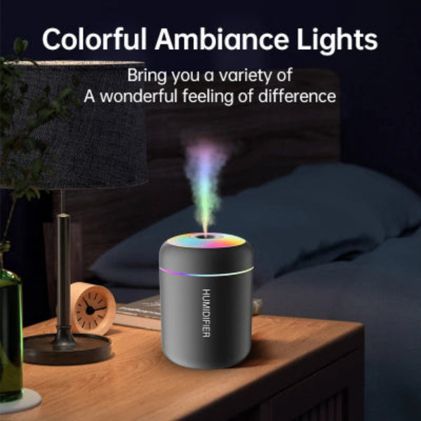 Mini air humidifier for bedroom with colorful lights and compact design for enhancing atmosphere