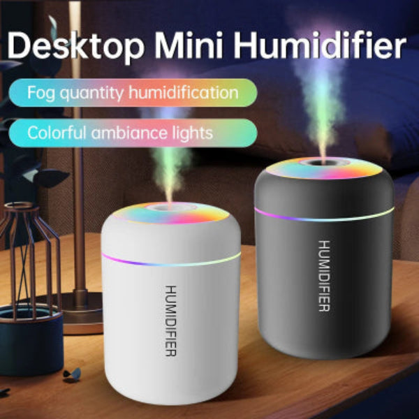 Desktop mini air humidifier for bedroom with colorful ambient lights and adjustable fog output