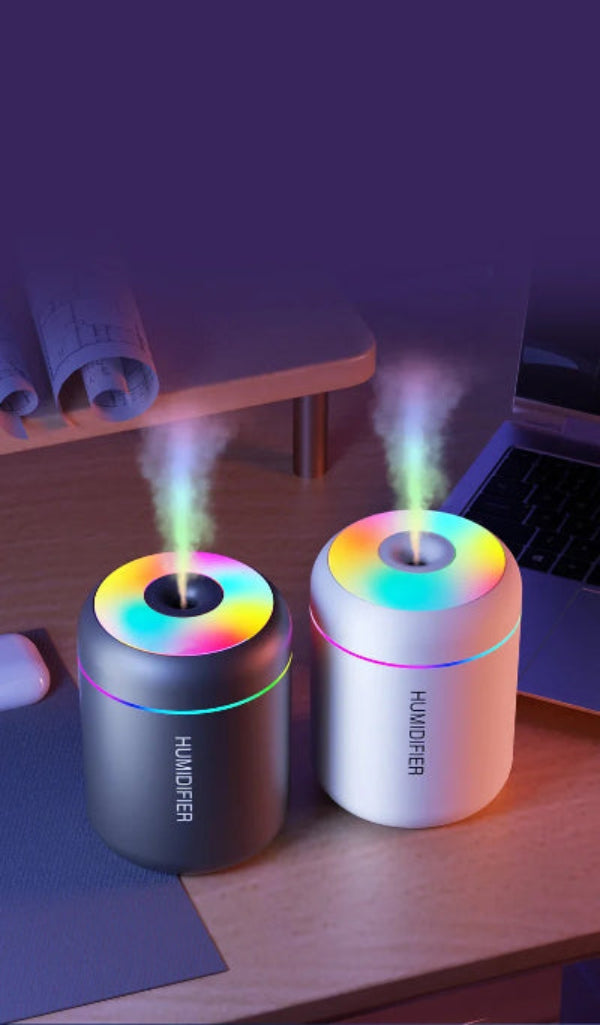 Aurel Shop mini air humidifier for bedroom in gray and white with colorful LED light and mist features
