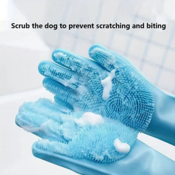 Aurel Shop pet grooming gloves in blue for gentle cleaning and massage during pet grooming