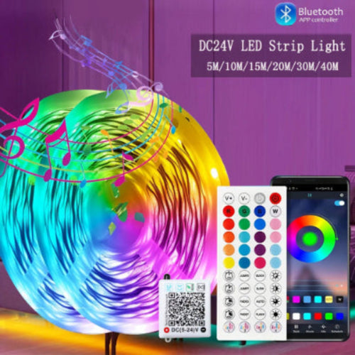 Smart RGB LED strip lights with Bluetooth app control and various color options for home decor